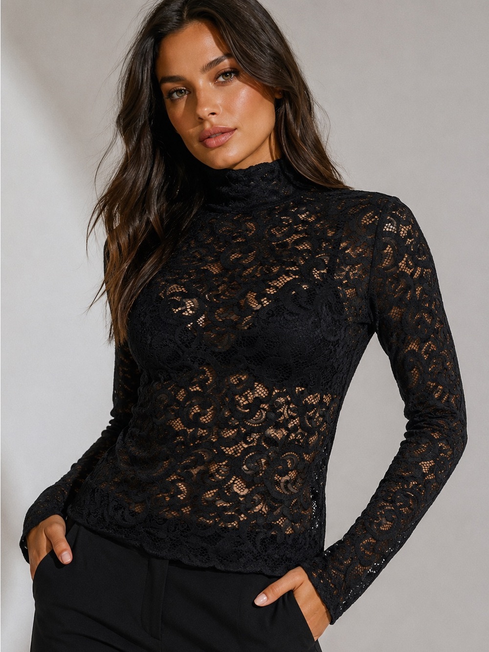 NWT WHBM Black Sheer Lace Turtleneck Top S Dark Romantic Goth Glam